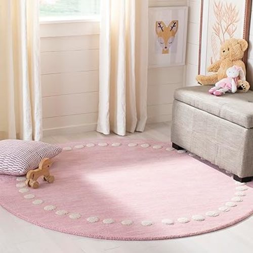 SAFAVIEH Kids Collection Area Rug - 3' Round, Pink, Polka Dot Border Design, Handmade Wool, Ideal for The Kids Room, Playroom, Nursery (SFK802U-3R)