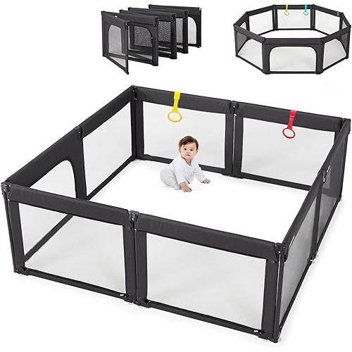 Foldable Baby Playpen, Shape & Size Adjustable Playard, 59x71, Black