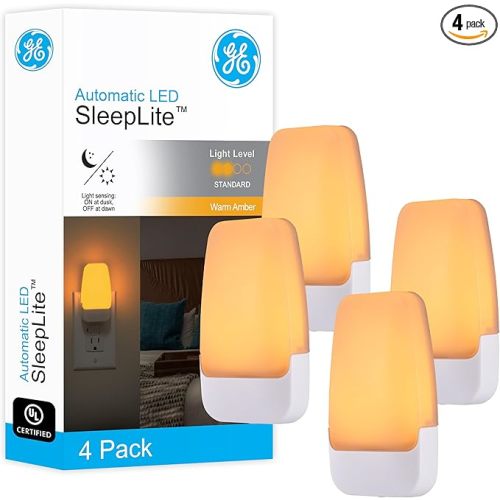 GE Sleeplite Night Lights Plug Into Wall, Dusk to Dawn Sensor, Ambient Lighting, Sleep Aid, Bathroom Décor, LED Lights for Bedroom, Apartment Essentials, Smart Home,86153, Amber, 4 Pack
