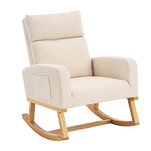 Rocking Chair Nursery, Upholstered Nursing Rocker Chair for Mom with High Backrest and Side Pockets for Bedroom Living Room, Beige