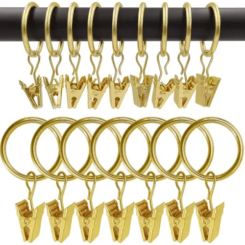 WeeksEight 100 Pack Gold Curtain Rings with Clips, Curtain Hooks Hangers Clip Rings for Hanging Drapes Bows Hat, Drapery Rings 1 in I D, Fits up to 5/8 in Diameter Curtain Rod.