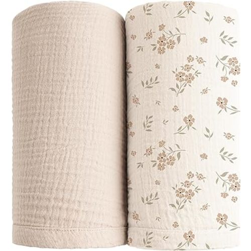 Konssy Muslin Swaddle Blankets for Boys Girls, 2 Pack Receiving Baby Blanket Large 47 x 47 inches, Soft Breathable Swaddling Wrap for Unisex Newborn (Blossom,Cream)