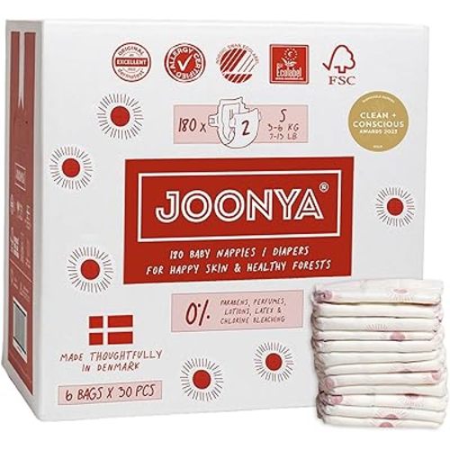 Joonya Baby Diapers, Size 2 S (7-13 lb) - 6 Bags of 30 (180) - New Range - NonToxic, Eco-Friendly, Ultra Slim, Overnight Use - Made in Denmark
