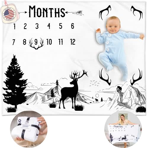 KEMINA BLANKETS Baby Monthly Milestone Blanket Boy - Milestone Blanket for Baby Boy Includes Felt Frame, Month Blanket Baby Shower Baby Milestone Blanket, 50x40 (Deer)