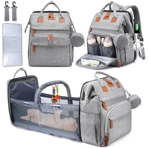 Diaper Bag Backpack with Baby Changing Station – Baby Bag Backpack Includes Reusable Wipes Bag, Pacifier Case, & Mosquito Net – Travel Diaper Bag, USB Charging Port, Large Capacity for Boys & Girls