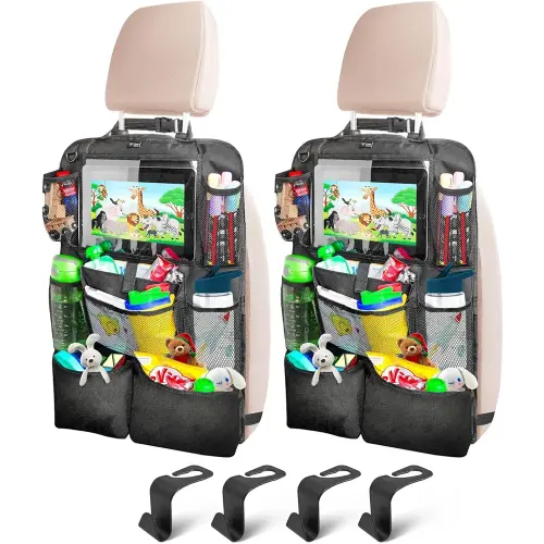 Backseat Car Organizer For Kids, 2Pcs Car Back Seat Organizer with 9 Storage Pockets and 4 FREE Headrest Hooks for Car Accessories, Easy to Clean Foldable Car seat Organizer with tablet holder