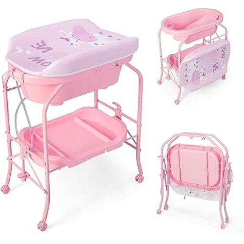 HONEY JOY Baby Changing Table with Bathtub, Foldable Infant Diaper Changing Station with Wheels, Storage Tray, Waterproof Pad, Portable Newborn Nursery Organizer Bath Stand for Boys Girls (Pink)