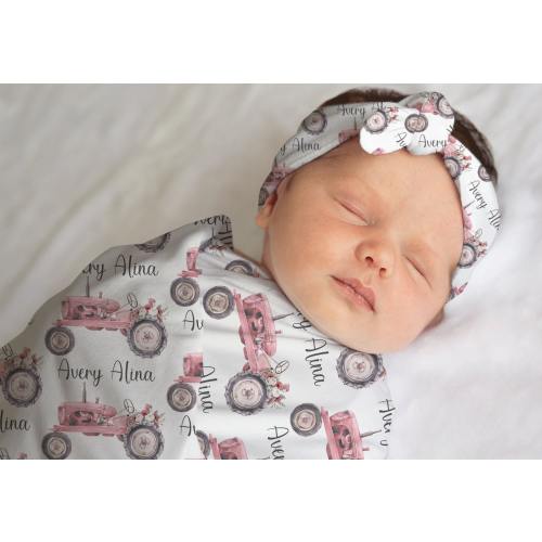 Baby Girl Pink Tractor Swaddle Blanket, Farm Nursery Swaddle Blanket Headband Set, Knotted Baby Hat, Floral Tractor Name Blanket, Baby Gift