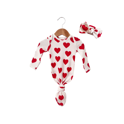 Organic Waffle Knotted Gown & Bow Set, Red Heart