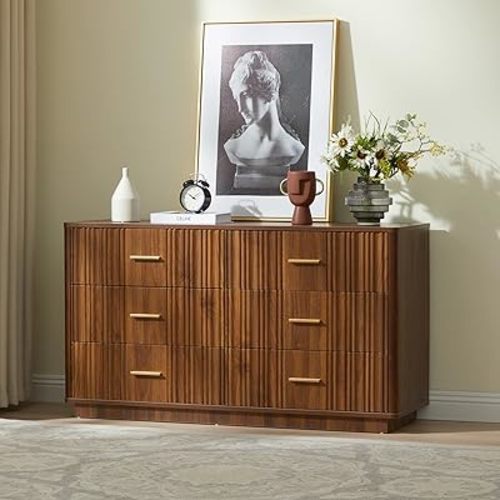 Fluted Double Dresser for Bedroom with 6 Drawers, 47" Wide Modern Chest of Drawers, Curved Profile Wood Storage Dressers TV Stand,Wooden Closet Clothes Storage Organizer for Living Room Hallway,Walnut