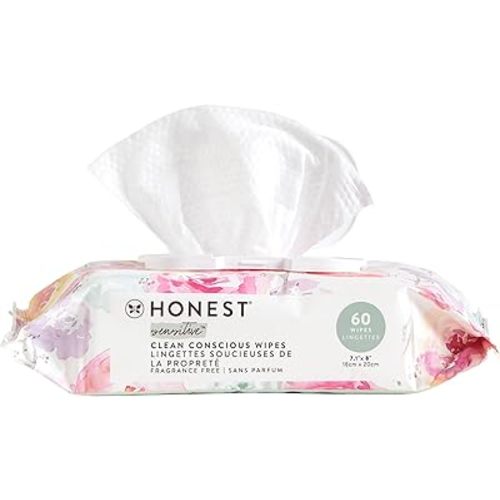 The Honest Company Clean Conscious Unscented Wipes | Over 99% Water, Compostable, Plant-Based, Baby Wipes | Hypoallergenic for Sensitive Skin, EWG Verified | Rose Blossom, 60 Count