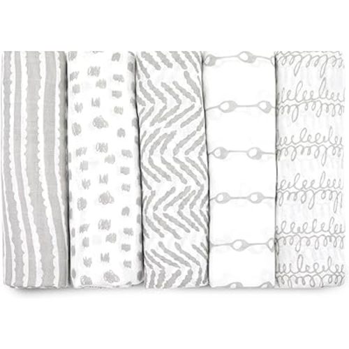 Muslin Swaddle Blankets for Newborn, 5 Pack Neutral Receiving Blanket, Muslin Blanket Swaddles Wrap for Boys and Girls, Baby Essentials, 47x47 Inches Large Size, 100% Cotton, Grey