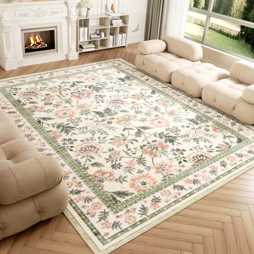Washable Area Rug for Living Room, NovDeco 8'x10' Non-Slip Boho Pink Floral Print Indoor Rug, Soft Low Pile Stain Resistant Carpet for Bedroom