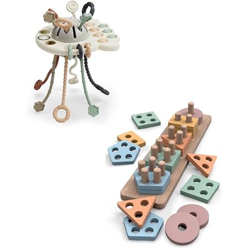 GOPO TOYS Montessori Toys for 18+ Months Old - Toddlers Wooden Sorting and Stacking Toys and Silicone Pull String Activity Toy for Toddlers