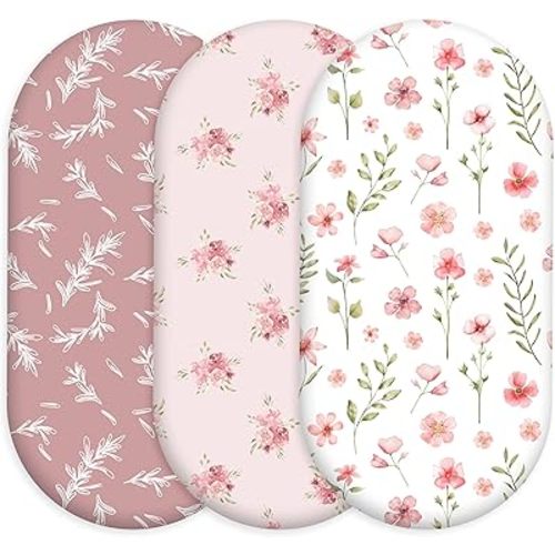 Floral Bassinet Sheets Girl 3 Pack, Breathable Cozy Fitted Mattress Sheet, Elastic Travel Bassinet Fashionable, Standard Cradle Safe Sheets for Baby Boy Girls 32" x 16"