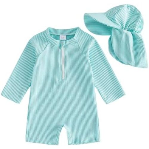 Baby Boys Girls Swimsuit One Piece Striped Zipper Bathing Suit Rash Guard Long Sleeve Seersucker Swimwear Sunsuit