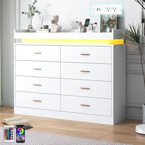 8 Drawer Dresser with Charging Station and LED Lights, Modern Chest of Drawers with Power Outlet, Organizer Cabinet for Bedroom, Living Room, White