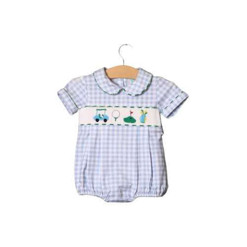 Smocked Hole in One Blue Gingham Bubble