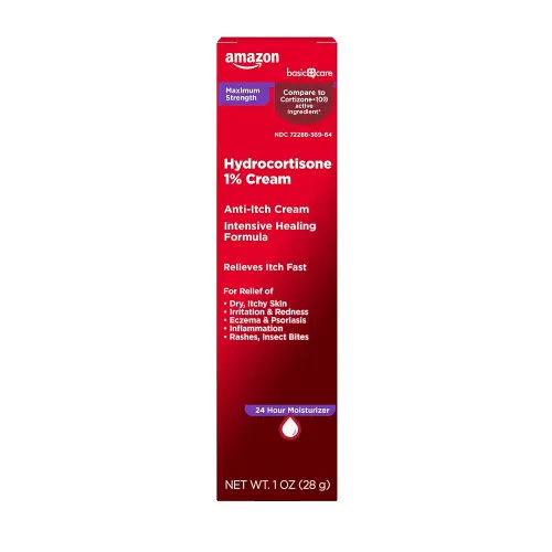 Amazon Basic Care Maximum Strength Anti-Itch Cream, Hydrocortisone 1 Percent Intensive Healing Formula, Itch Relief For Bug Bites, Eczema, Psoriasis, Poison Ivy, Oak and Sumac, 1 ounce (Pack of 1)