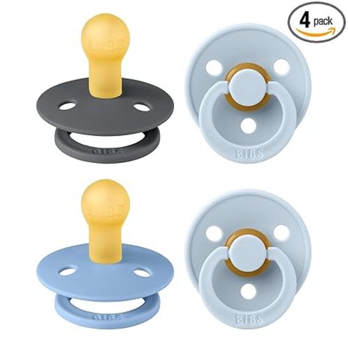 BIBS Pacifiers - Color 4 Pack | Round Nipple Baby Pacifier | BPA Free Natural Rubber Latex Soother | Made in Europe | Size 0-6 Months | Blue Colors