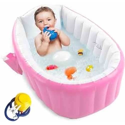 Inflatable Baby Bathtub, Portable Infant Toddler Bathing Tub Non Slip Travel Bathtub Mini Air Swimming Pool Kids Thick Foldable Shower Basin with Air Pump, Pink