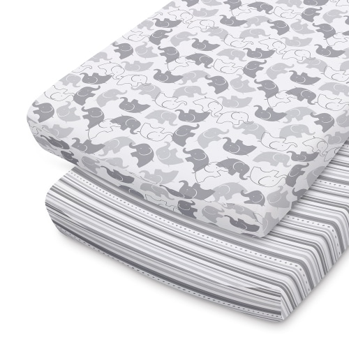 The Peanutshell Changing Pad Cover for Baby Boys or Baby Girls, 2 Pack Set, Grey Elephants & Stripes