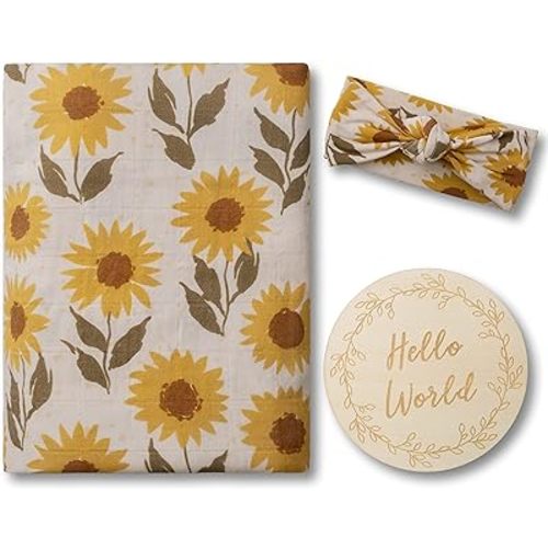 Miaoberry 100% Organic Cotton Muslin Swaddle Blanket|Boho Vintage Sunflower|Earth Tone Yellow Green| Hospital Receiving Blankets Baby Girl|Matching hat Wooden Birth Announcement Card