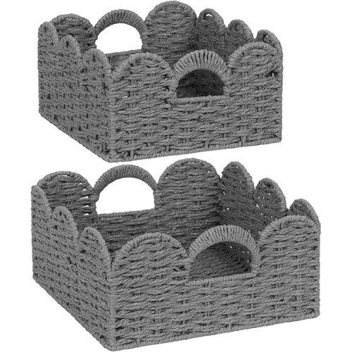 Scalloped Wicker Basket Natural Paper Rope Storage Baskets with Handles Handwoven Organizer Bin Wicker Storage Baskets for Home Decor, Organizing, 2 Pack (Grey)