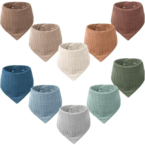 Konssy Muslin Baby Bibs 10 Pack Baby Bandana Drool Bibs 100% Cotton for Unisex Boys Girls, 10 Solid Colors Set for Teething Drooling