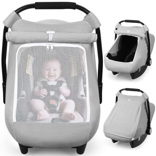 Rquite Car Seat Cover Baby, Carseat Covers Girl Boy, Breathable Muslin Cotton, Large Mesh Window, Infant Car Seat Canopy Baby Carrier Cover Stroller Sun Shade for Summer & Hot Day, Grey