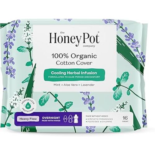 The Honey Pot Company - Herbal Sanitary Pads for Women - Heavy Flow Overnight w/Wings - Infused w/Essential Oils for Cooling Effect & Organic Cotton Cover - Feminine Care - FSA & HSA - 16 ct