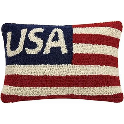 Peking Handicraft USA Flag Red White Blue Patriotic Mini Hooked Wool Pillow - 8" x 12"