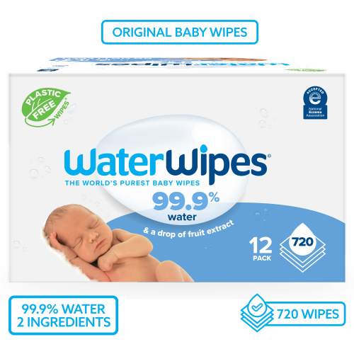 WaterWipes Original Baby Wipes, 99.9% Water Based, Fragrance-Free, for Sensitive Skin, 12 Packs (720 Wipes)