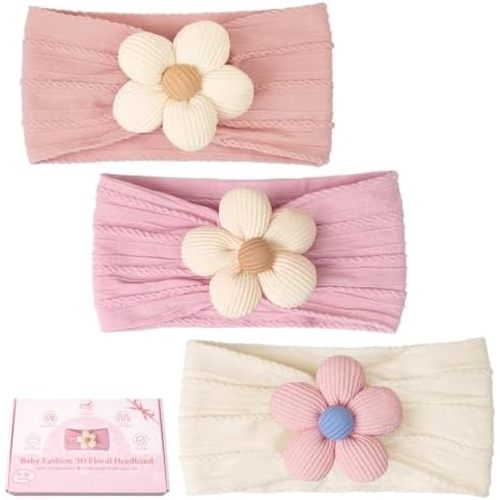 3 Pcs Baby Girl Headbands with Flower Nylon Headbands Soft Stretchy Headwear Hair Accessories for Newborn Infant Toddler Kids (Pink Beige Salmon)