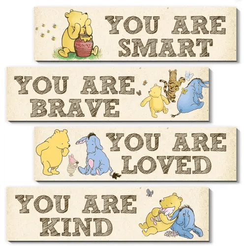 Winnie Room Decor- the Pooh Sign-Wooden Baby Stuff-Vintage Nursery Decor-4PCS Wall Decor Wall Art(Classic)-You Are Kind Brave