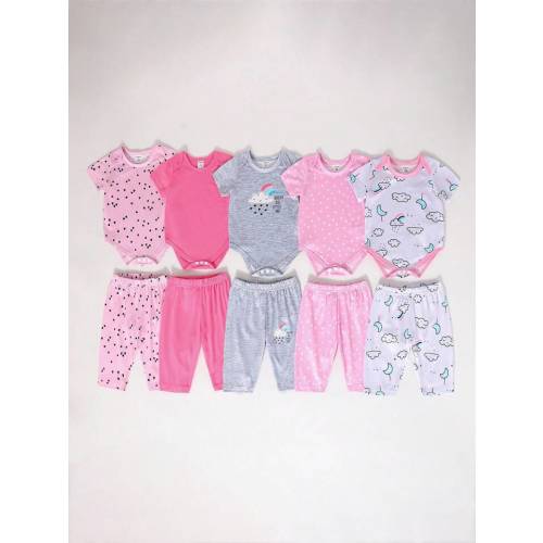 Newborn Baby Girl 2pcs/Set Cute Pattern Comfortable Short Sleeve Jumpsuit And Long Pants Suit, 5 Bodysuits And 5 Pants Set For Spring And Summer | SHEIN USA