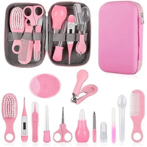Baby Grooming Kit, Infant Safety Care Set with Hair Brush Comb Nail Clipper Nasal Aspirator,Baby Essentials Kit for Newborn Girls Boys (Pink Baby Grooming kit)