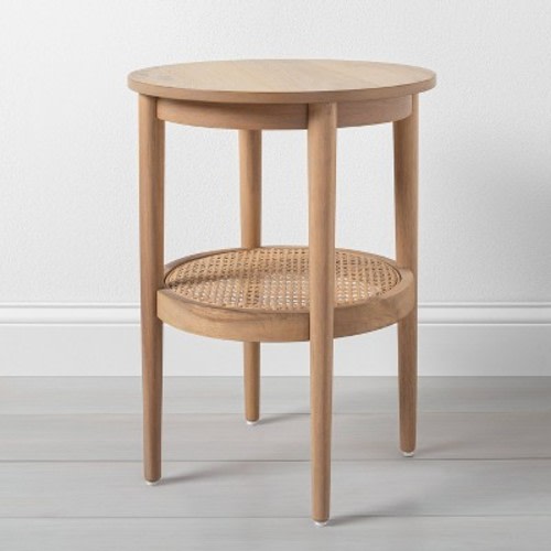 Wood & Cane Round Accent Side Table - Natural: Hearth & Hand™ with Magnolia, Fixed Shelf, Tapered Legs
