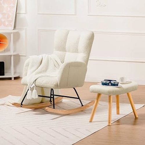 COMHOMA Nursery Rocking Chair with Ottoman, Teddy Glider Rocker Chair, Accent Chair with High Backrest Reading Chair for Adult, Nursery, Bedroom, Living Room, Offices (Beige with Ottoman)