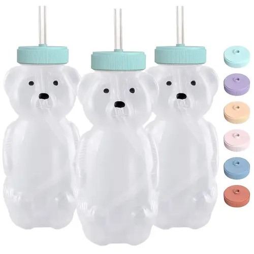 Honey Bear Straw Cups for Babies 3 pack, 8oz honeybear straw cup with improved safety lid design, Straw learning therapy cup. Leak-Proof & Food-Grade & BPA Free (AQUA)