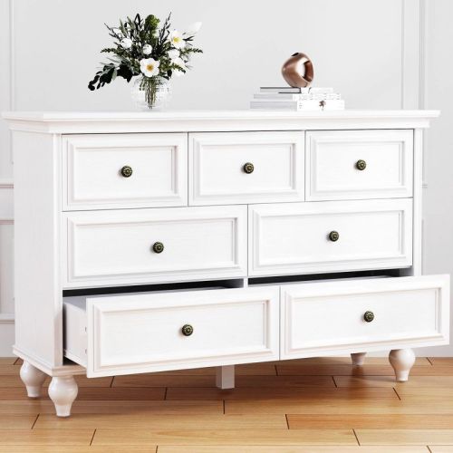 7 Drawers Wood Dresser for Bedroom, White French Vintage Design Drawer Dresser Chest of Drawers for Closet, Living Room, Hallway, Kids Bedroom