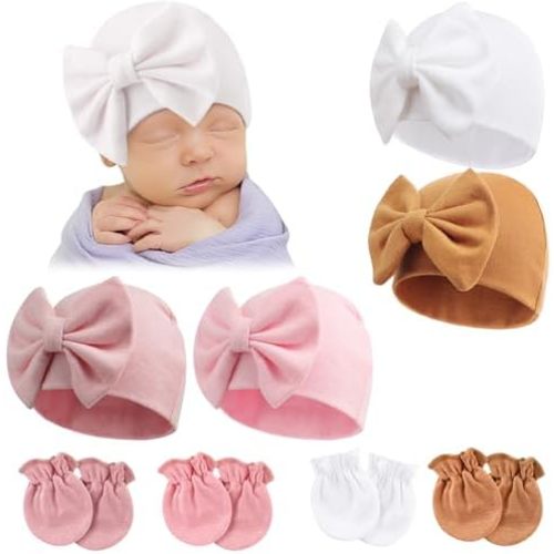 BQUBO Newborn Girls Hats Baby Hat and Mittens Set Infant Caps Bow Hospital Beanie with No Scratch Mittens for Baby Boys Girls