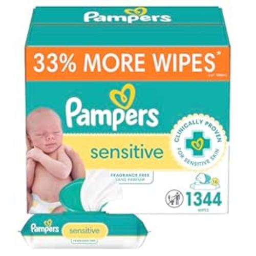 Pampers Sensitive Baby Wipes, Water Based, Hypoallergenic and Unscented, 1344 Wipes Total (16 Flip-Top Packs)