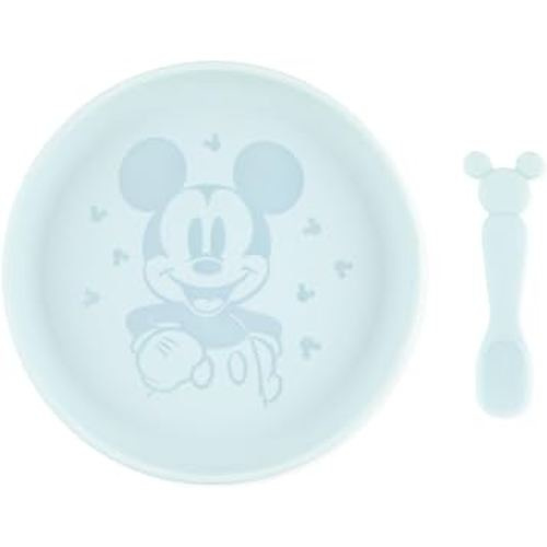 Bumkins Disney Baby and Toddler Plate and Spoon Set, Silicone Dish for Babies and Kids, Baby Led Weaning, Children Feeding Supplies, Microwave Safe, Platinum Silicone, Ages 6 Months Up, Mickey Mouse