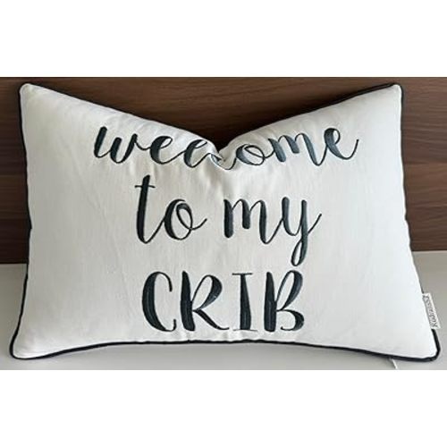 Rudransha Welcome to My Crib Embroidered Lumbar Accent Throw Pillow Cover - Nursery Decor - 12x18, Ivory