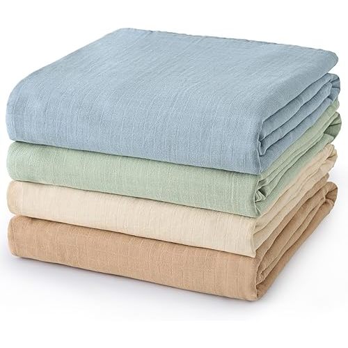 david's kids 4 Pack Baby Muslin Swaddle Blankets 47" x 47", 100% Cotton Swaddle Wrap for Boys Girls, Ultra Soft Breathable Receiving Blanket for Newborns, Dusty Blue & Sage Green & White Cap & Sepia