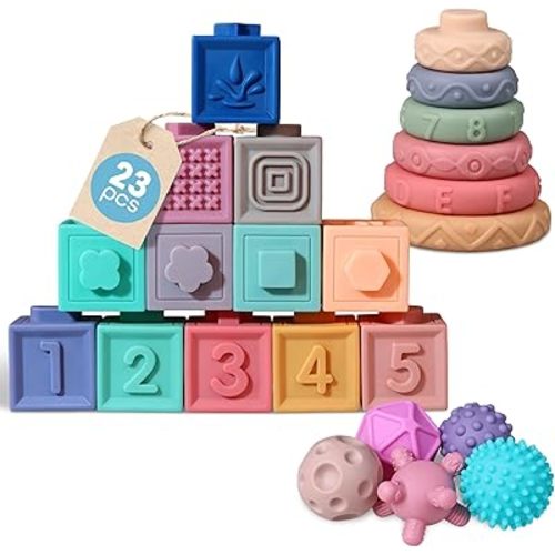 23 Pcs Baby Blocks 6 to 12 Months - Textured & Squeezable Soft Blocks - Stacking Blocks for Toddlers 1-3, Educational Blocks - Numbers, Shapes, Colors, Animals - Soft Building Blocks 6 Months +