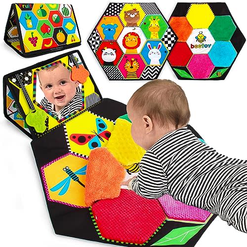 beetoy Tummy Time Baby Musical Mirror Toys with Black and White Pattern, Double High Contrast 3D Activity Play Crinkle Toys Foldable Baby Mirror Sensory Development Toys for Newborn 0 3 6 Months