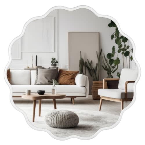 Gasshia 22 Inch Round Wall Mirror Scalloped White Mirror -Large Decorative Metal Frame Hanging Circle Mirror Modern Farmhouse Decor for Bathroom,Living Room, Nursery Decor (White)