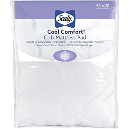 Sealy Baby Cool Comfort Waterproof Fitted Toddler Bed & Baby Crib Mattress Pad Cover Topper, Waterproof Crib Mattress Protector, Noiseless, Machine Washable and Dryer Friendly, 52" x 28" - White